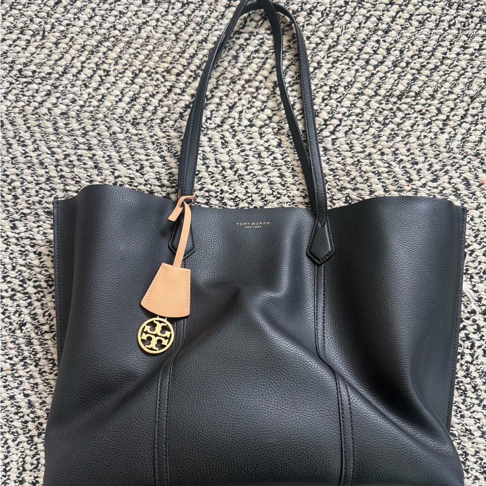 Tory Burch Black Perry Leather Tote with Tan Accent - Picture 3 of 7